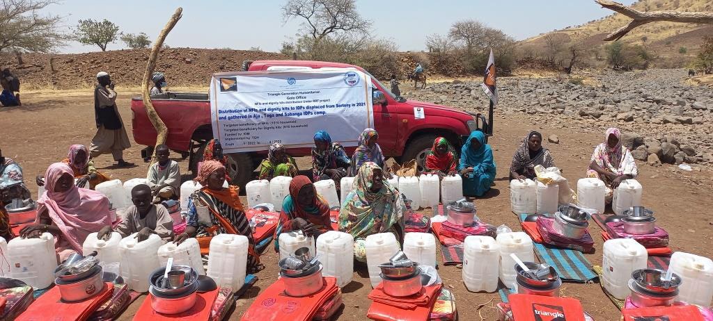 Distribution de NFI sur le site de rassemblement de déplacés internes d'Aja, avril 2022, Soudan ©TGH